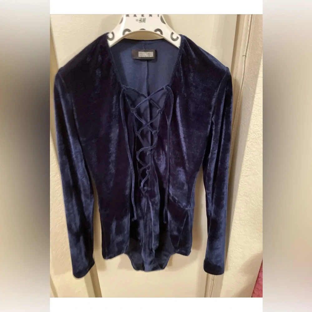 Reformation Womens Size s blue Velvet Avalon Long Sleeve Bodysuit - Picture 4 of 7